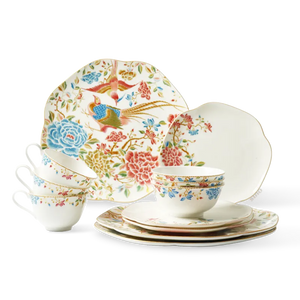12-piece Chinoiserie bone china square plate set: 3 x 11" square plates, 3 x 8" square plates, 3 x 4.75" bowls, 3 x 180 ml teacups with floral & bird design.