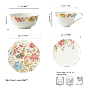 Dimensions of 12-piece Chinoiserie bone china square plate set: 11" square plate, 8" square plate, 4.75" bowl, 180ml teacup.