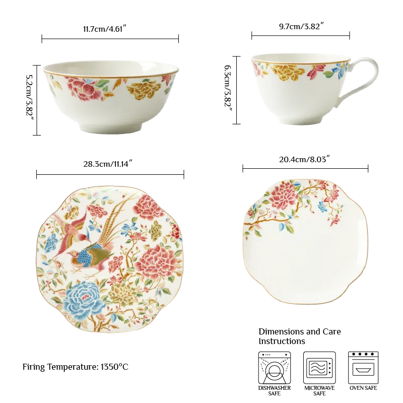 Dimensions of 12-piece Chinoiserie bone china square plate set: 11" square plate, 8" square plate, 4.75" bowl, 180ml teacup.