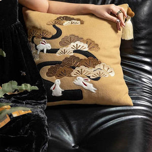 Chinoiserie Embroidery Red Silk Velvet Rabbit Throw Pillow for Sofa - SinoCultural -- SJZBZ074C01