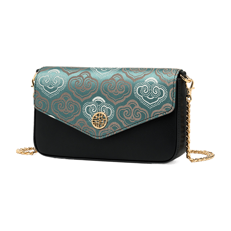 Embroidery Leather Flap Clutch Bag Auspicious Clouds Handbag - SinoCultural -- 1245251-5