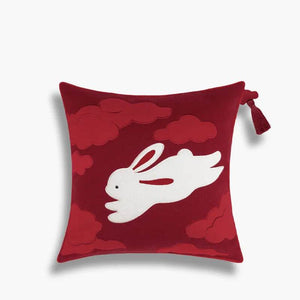 Chinoiserie Embroidery Red Silk Velvet Rabbit Throw Pillow for Sofa - SinoCultural -- SJZBZ074C01