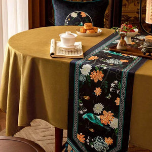 Chinoiserie Luxury Long Rectangular Black Floral Table Runner - SinoCultural -- TR026A160