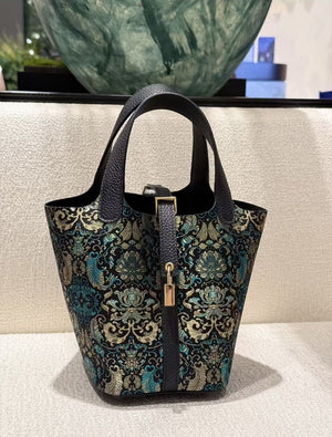 Shangjiukai Black Banana Leaf Lotus Song Brocade Basket Bag – New Chinese Style Silk Brocade Handbag-brocademodern