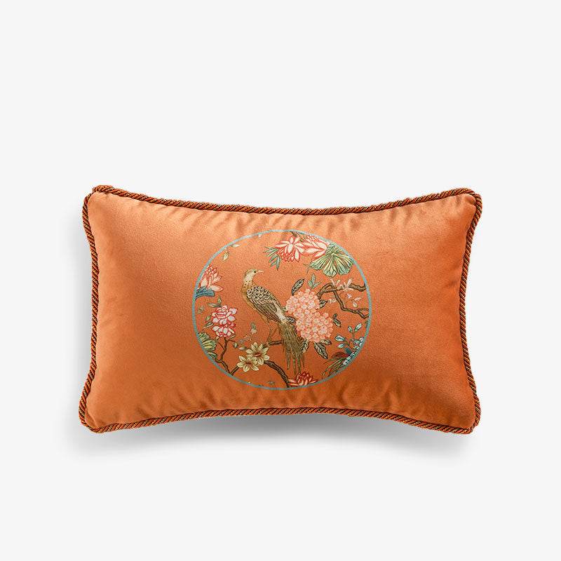 Chinoiserie Short Plush Lumbar Pillow Orange Hydrangea Dream - SinoCultural -- WP003A01