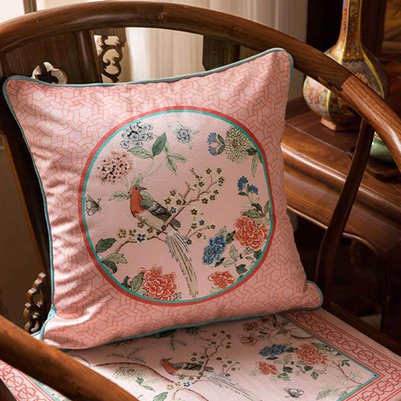 Chinoiserie Spring Powder Pink High-end Wooden Chair Cushion - SinoCultural -- SC005A38