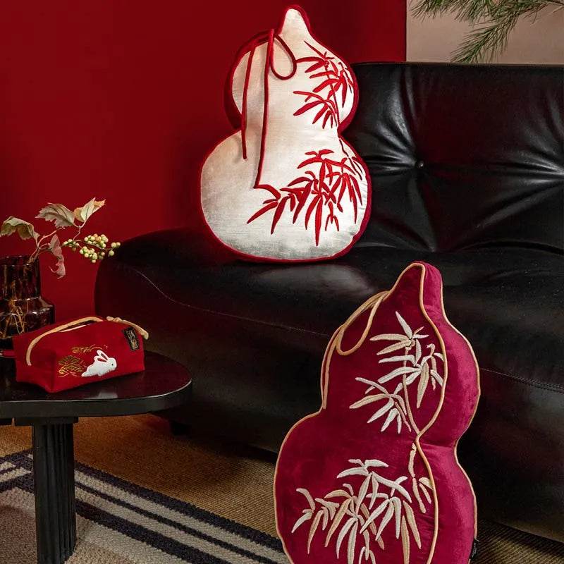 Chinoiserie Embroidery Red Blessing Gourd Shape Pillow Cushion - SinoCultural -- SJZBZ075A