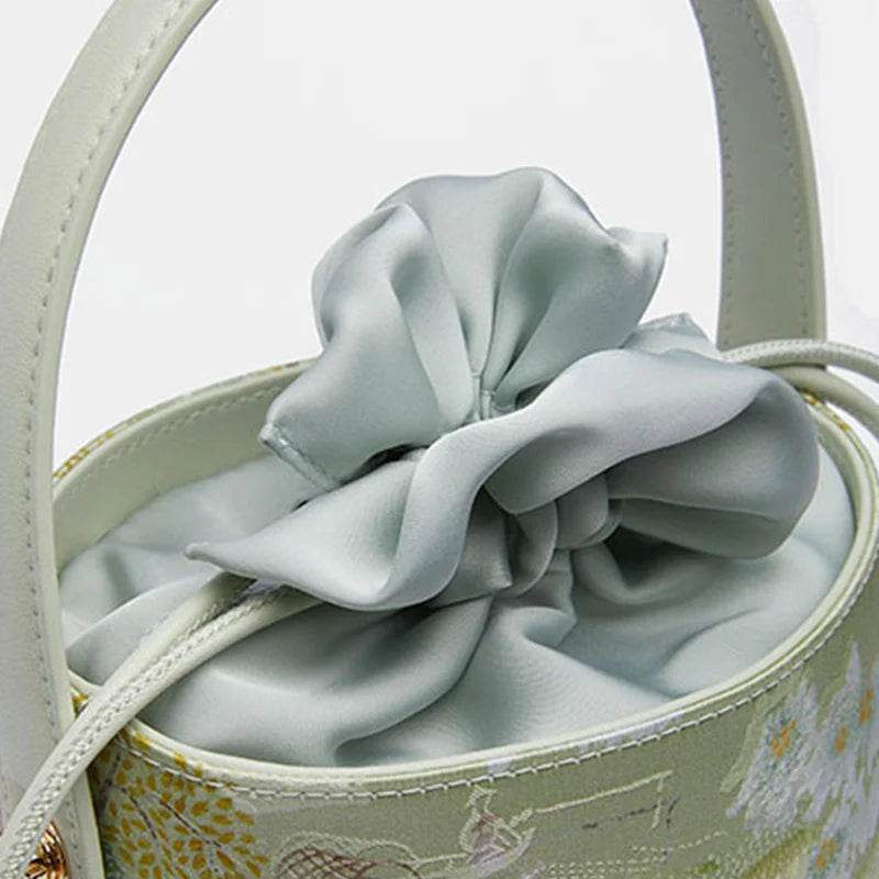 Chinese Painting Mulberry Silk Green Bucket Designer Handbag - SinoCultural -- P17061805