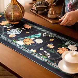 Chinoiserie Luxury Long Rectangular Black Floral Table Runner - SinoCultural -- TR026A160