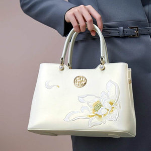 Embroidery Leather White Crossbody Tote Bag Lotus Luxury Gift - SinoCultural -- P120279