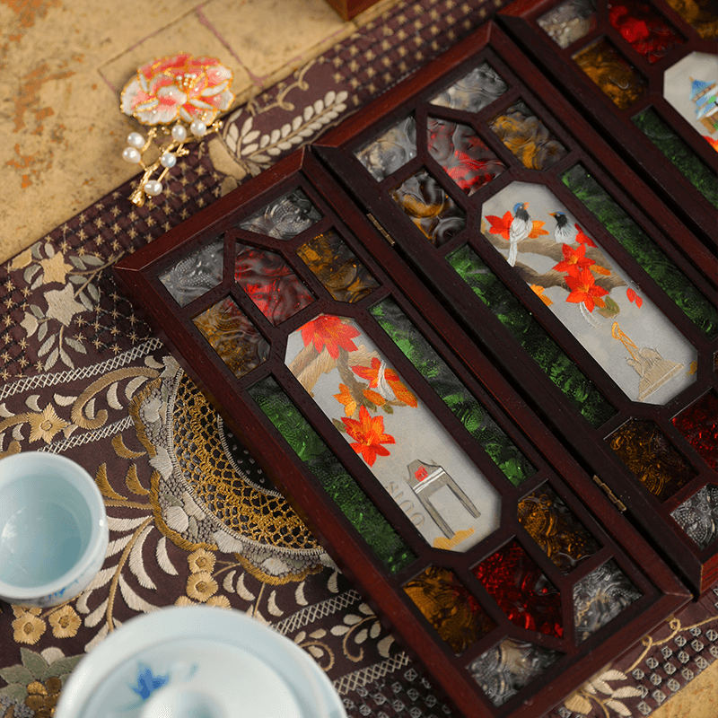 Embroidery Chinese Style Rosewood Cantonese Mansion Window Ornament - SinoCultural -- BXL06WCS174A02