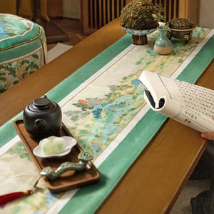 Chinoiserie Elegant Green Mountain Tea Table Runner - SinoCultural -- TR029A160