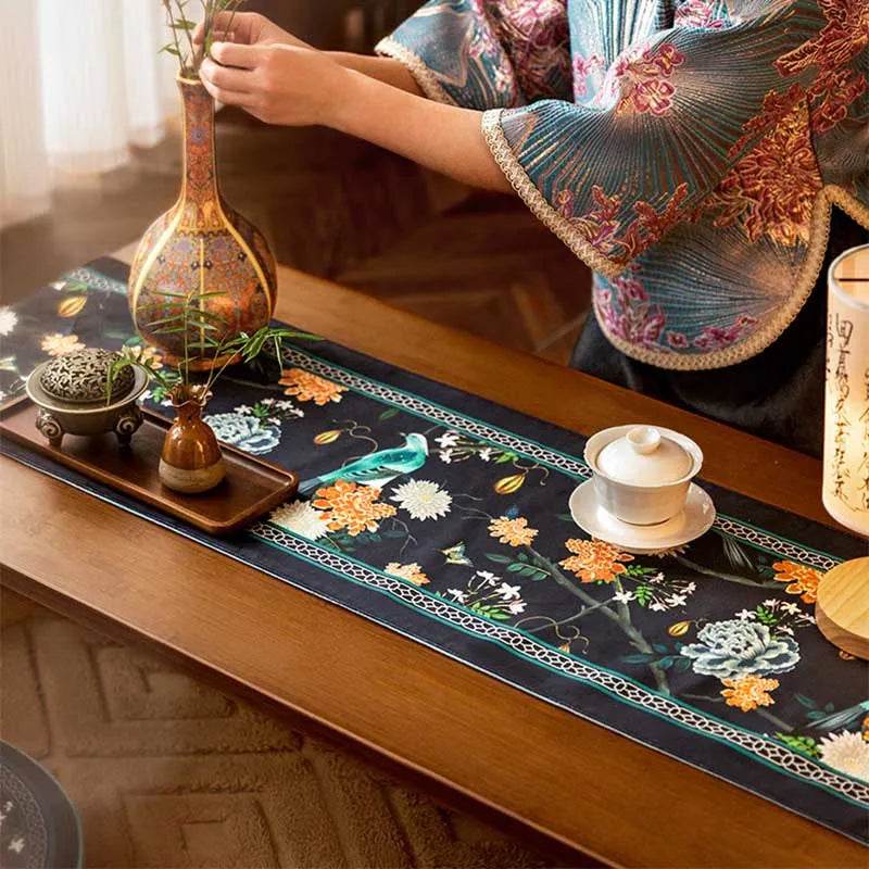 Chinoiserie Luxury Long Rectangular Black Floral Table Runner - SinoCultural -- TR026A160