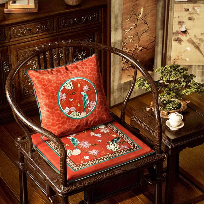 Chinoiserie Palace Red Glaze Festive Wooden Chair Cushion - SinoCultural -- SC008A38