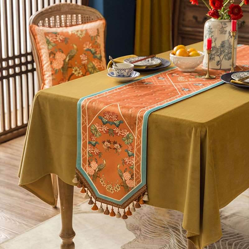 Chinoiserie Orange Mountain Hydrangea Table Runner - SinoCultural -- TR005Y160
