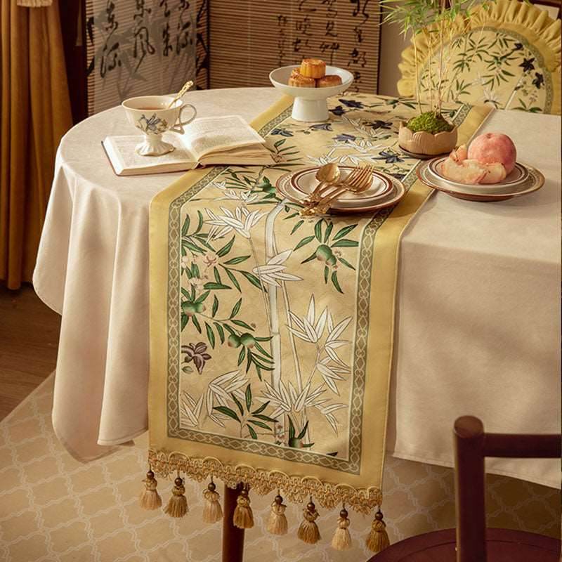 Chinoiserie Traditional Autumn Orchids Yellow Table Runner - SinoCultural -- TR013Y160