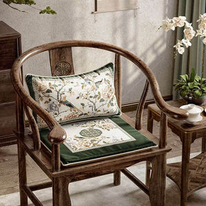 Chinoiserie Warm Spring Dark Green Flower and Birds Chair Cushion - SinoCultural -- SC012A38
