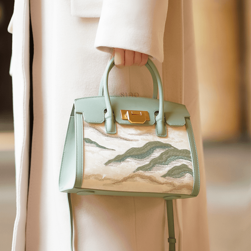 Embroidery Leather Elegant Birkin Handbag Cloud Mountain - SinoCultural -- P120659-1