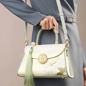 Embroidery Leather White Crossbody Bag Hibiscus Women Handbag - SinoCultural -- P120557
