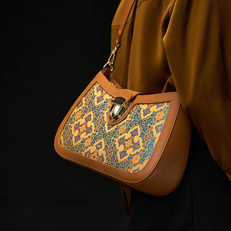 Song Brocade Leather Shoulder Underarm Bag Four Harmonies and Ruyi Pattern - SinoCultural -- P270038