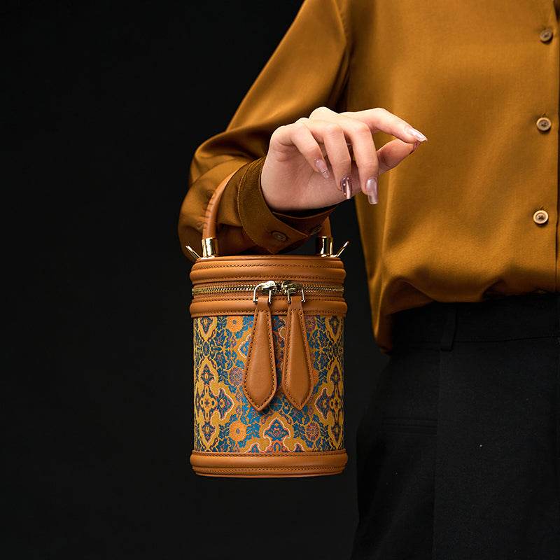 Song Brocade Vintage Bucket Bag Crossbody Bag Four Harmonies and Ruyi Pattern - SinoCultural -- P110179