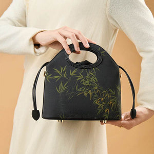 Xiangyunsha Silk Bamboo Black Drawstring Bucket Bag - SinoCultural -- YS120670-1