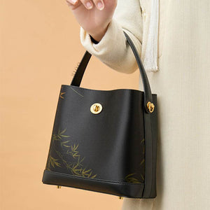 Xiangyunsha Silk Bamboo Print Crossbody Bucket Bag - SinoCultural -- YS120757
