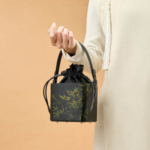 Xiangyunsha Silk Black Bamboo Print Mini Cube Bucket Bag - SinoCultural -- LD170613