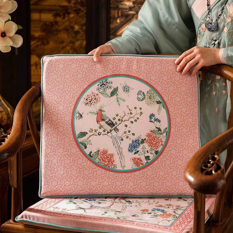 Chinoiserie Spring Powder Pink High-end Wooden Chair Cushion - SinoCultural -- SC005A38