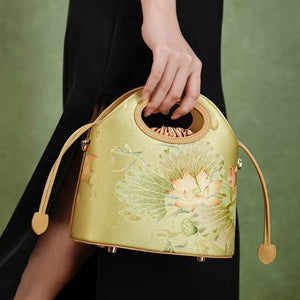 Printed Jacquard Lotus Green Drawstring Bucket Bag - SinoCultural -- LD120670-2