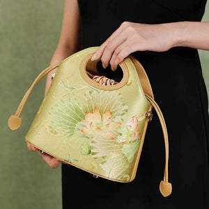 Printed Jacquard Lotus Green Drawstring Bucket Bag - SinoCultural -- LD120670-2