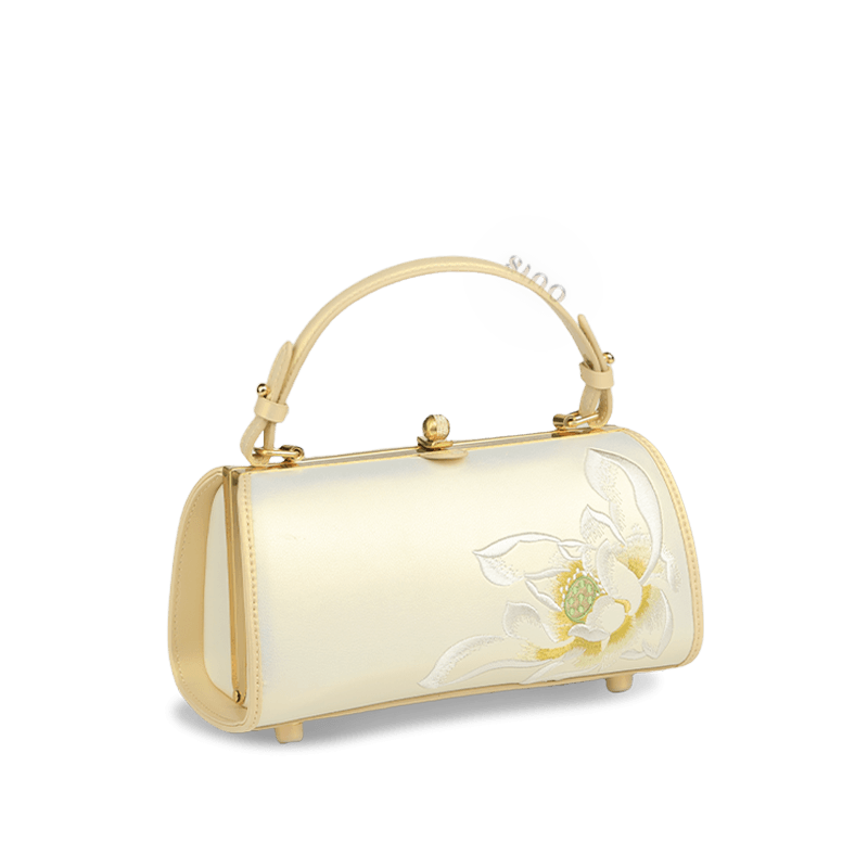 Embroidery Leather White Shoulder Bag Lotus Elegant Handbag - SinoCultural -- P120312