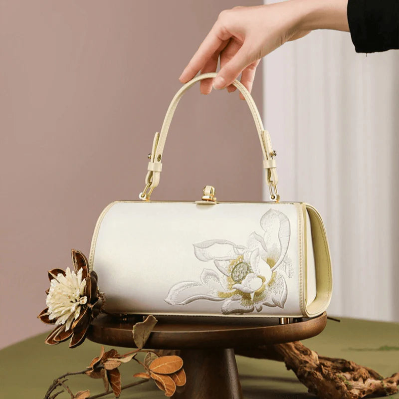 Embroidery Leather White Shoulder Bag Lotus Elegant Handbag - SinoCultural -- P120312