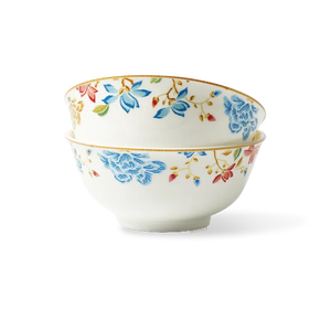 Stacked 2-piece Chinoiserie bone china round bowls front view with floral design.