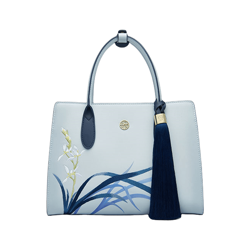 Embroidery Leather Tote Bag Blue Orchid with Pendant - SinoCultural -- P120452