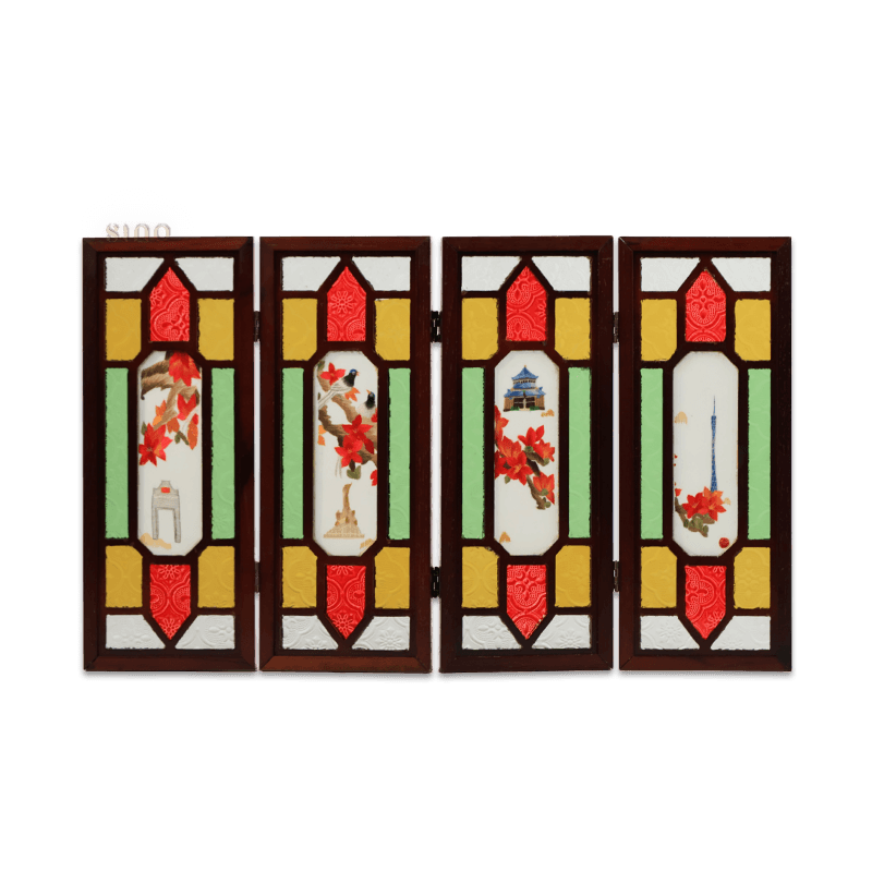 Embroidery Chinese Style Rosewood Cantonese Mansion Window Ornament - SinoCultural -- BXL06WCS174A02
