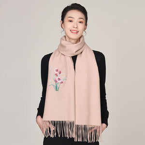 Handmade Suzhou Embroidery Wool Cashmere Scarf with Narcissus Flower 200x38cm - SinoCultural -- HYFSJ058-4