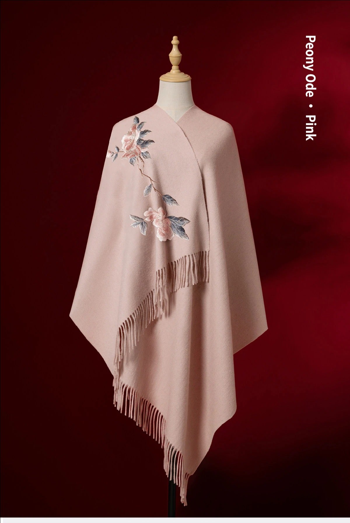 Peony Ode Embroidered Wool Shawl Scarf – Oversized Wrap for Qipao & Women