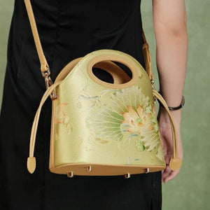 Printed Jacquard Lotus Green Drawstring Bucket Bag - SinoCultural -- LD120670-2