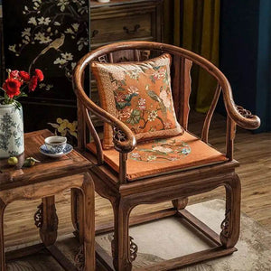 Chinoiserie Mountain Hydrangea Short Plush Wooden Chair Cushion - SinoCultural -- SC003A38