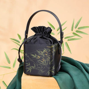 Xiangyunsha Silk Black Bamboo Print Mini Cube Bucket Bag - SinoCultural -- LD170613