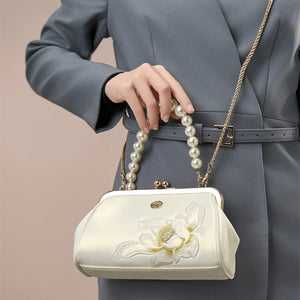 Embroidery Leather Kiss Lock Clutch Bag Lotus Evening Handbag - SinoCultural -- P220251