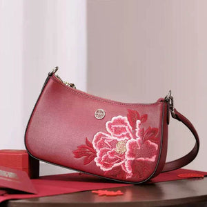 Embroidery Leather Red Shoulder Bag Peony Women's Hobo Handbag - SinoCultural -- P220212-1