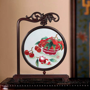 Handcrafted Mulberry Silk Lychee Double-Sided Embroidery Tabletop Decoration - SinoCultural -- JZSX001A13