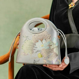 Printed Jacquard Lotus Gray Drawstring Bucket Bag - SinoCultural -- LD120670-1