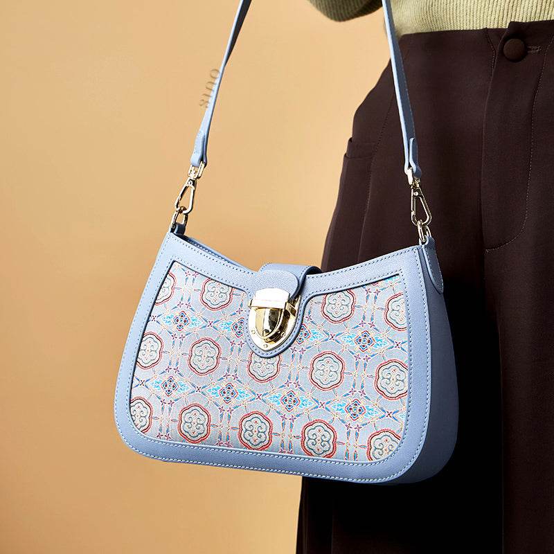 Song Brocade Leather Blue Shoulder Bag Ruyi Pattern - SinoCultural -- FJ270038-1