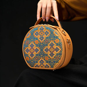 Song Brocade Brown Handheld Round Bag Four Harmonies and Ruyi Pattern - SinoCultural -- P12065502
