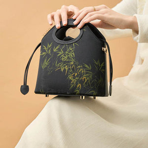 Xiangyunsha Silk Bamboo Black Drawstring Bucket Bag - SinoCultural -- YS120670-1