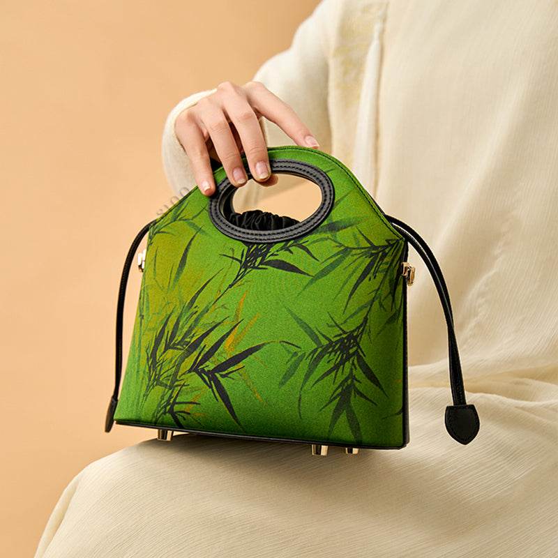 Xiangyunsha Silk Bamboo Green Drawstring Bucket Bag - SinoCultural -- YS120670-2