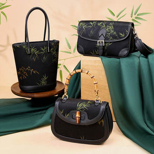 Xiangyunsha Silk Black Bamboo Print Crossbody Bucket Bag - SinoCultural -- P110608